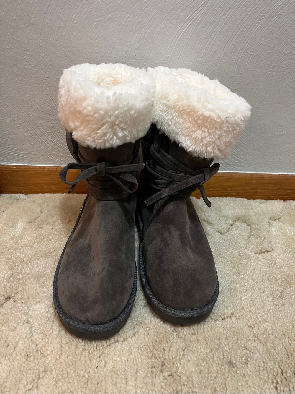Muk Luks Dark Gray Faux-Shearling Winter Boots with Cream Cuff - Picture 2 of 6